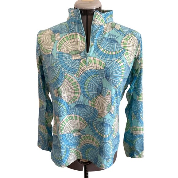 IBKÜL Womens Long-Sleeve Quarter-Zip Top Blue Green Geometric Print Size L - Picture 1 of 9